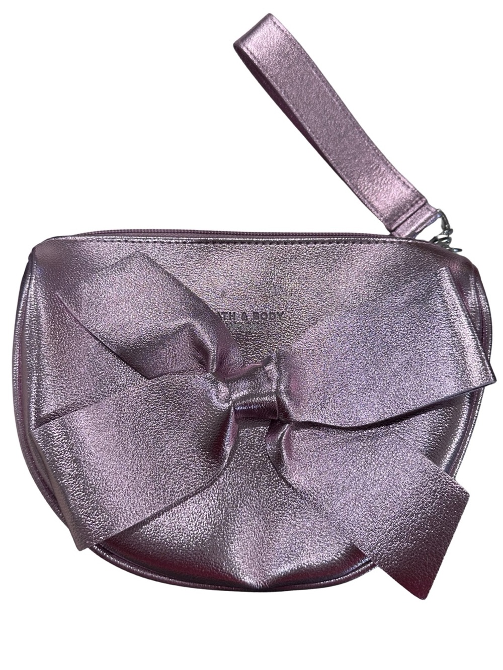 Bath & Body Works Metallic Pink Bow Zipper Wristlet Makeup Cosmetic Bag Purse